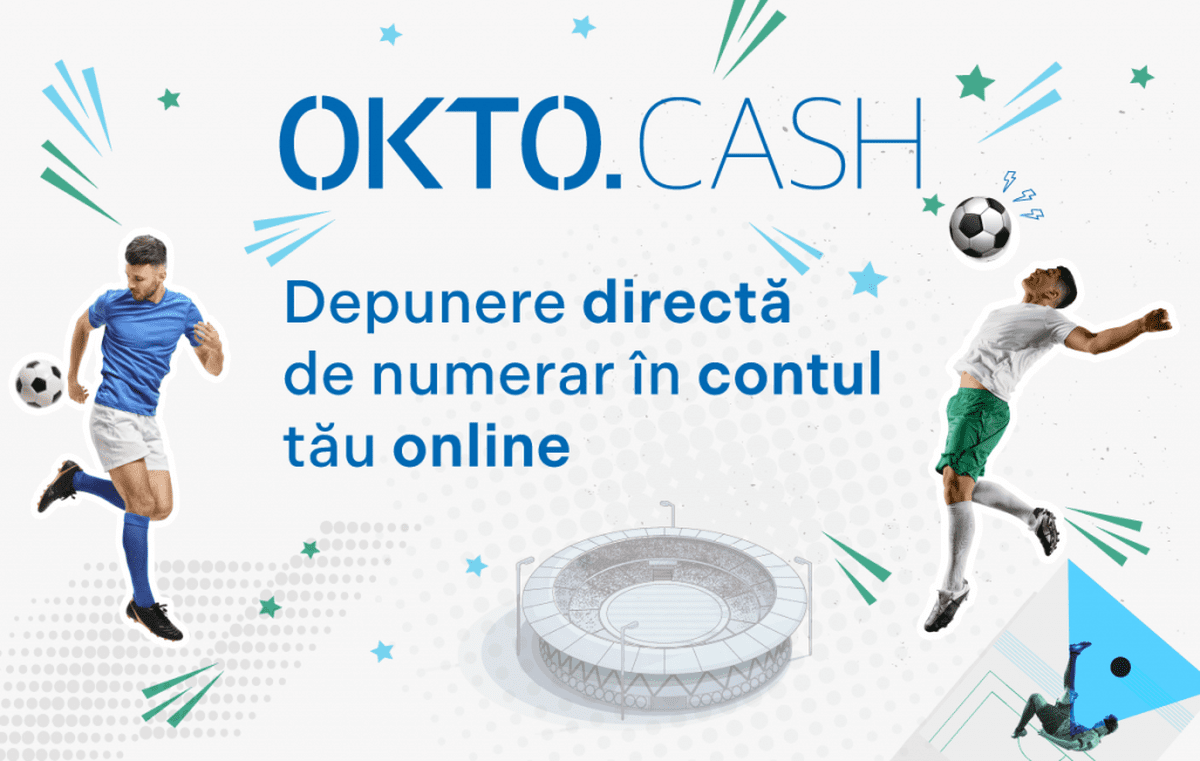 okto.cash - vizual cu numele brandului, text pe mijloc "Depunere directa in numerar direct in contul tau online" si doi fotbalisti pe margine care fac scheme cu mingea;