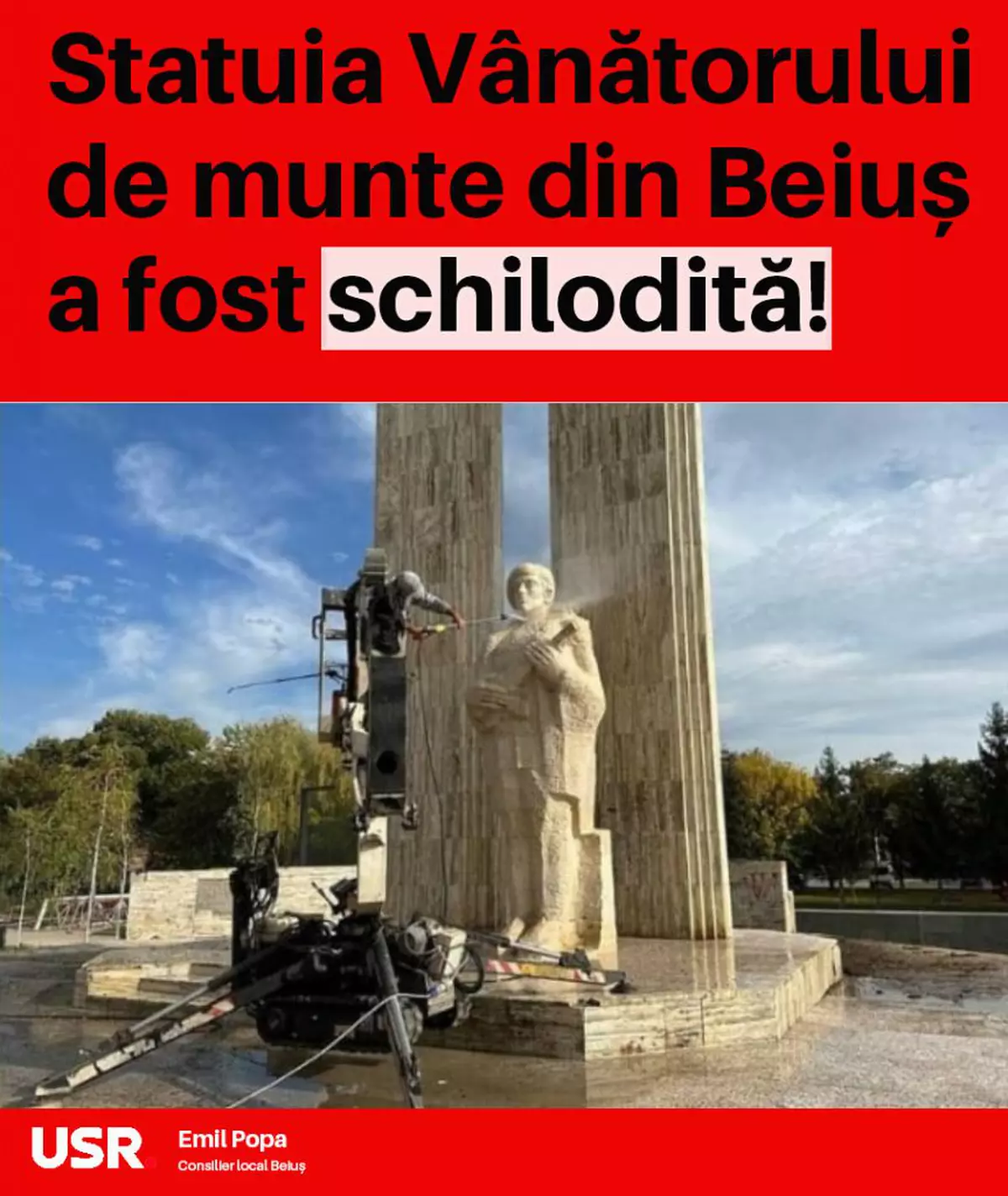 Primăria Beiuș, amendată după „igienizarea extremă a statuii Vânătorului de munte. Cum a fost curățat edificiul