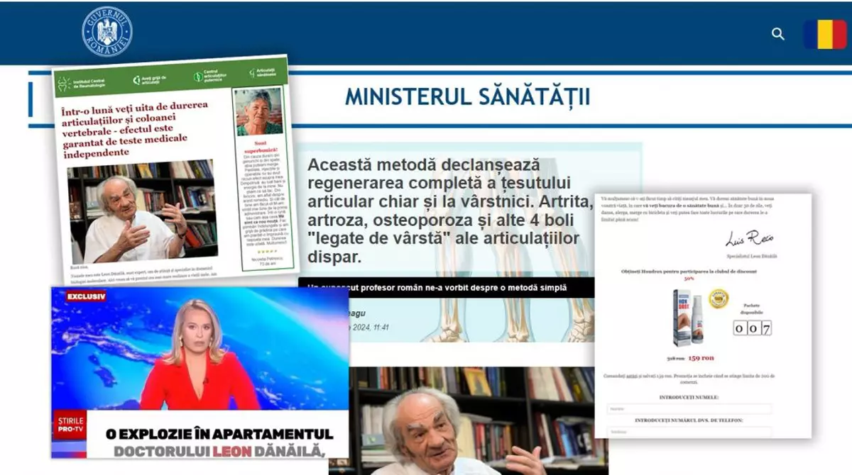 Imaginea Andreei Esca, a medicului Leon Dănăilă și sigla Guvernului, folosite într-o știre „scrisă de inteligența artificială. Scopul: vânzarea unei creme