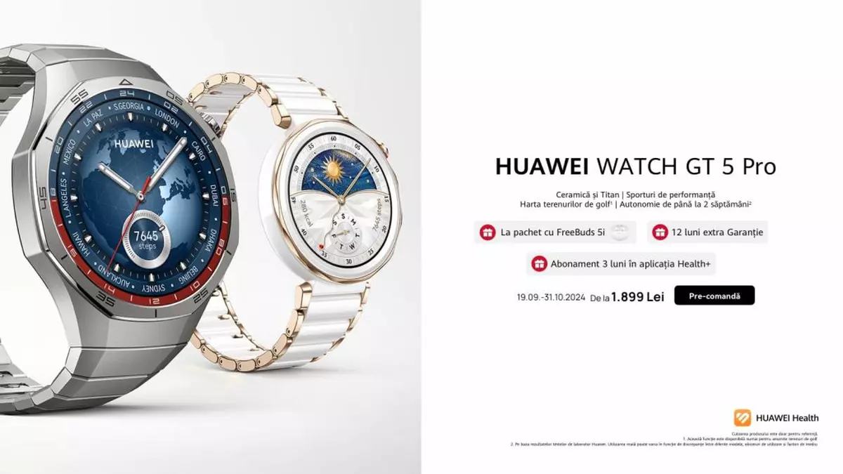Huawei Watch GT 5 - vizual cu noile ceasuri WATCH GT 5 Pro pe argintiu si alb, pe care scrie detaliile ceasului si pretul
