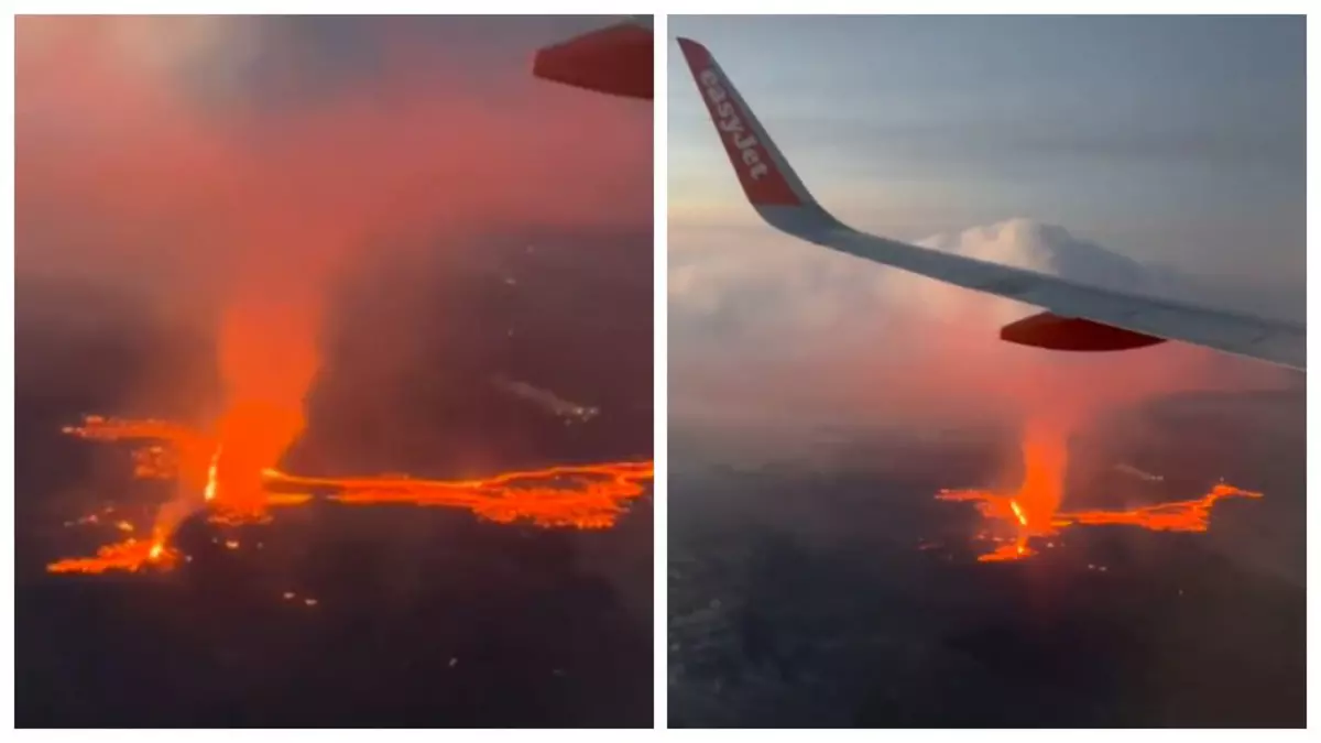 Erupția vulcanică, surprinsă de pasagerii unui avion, în Islanda