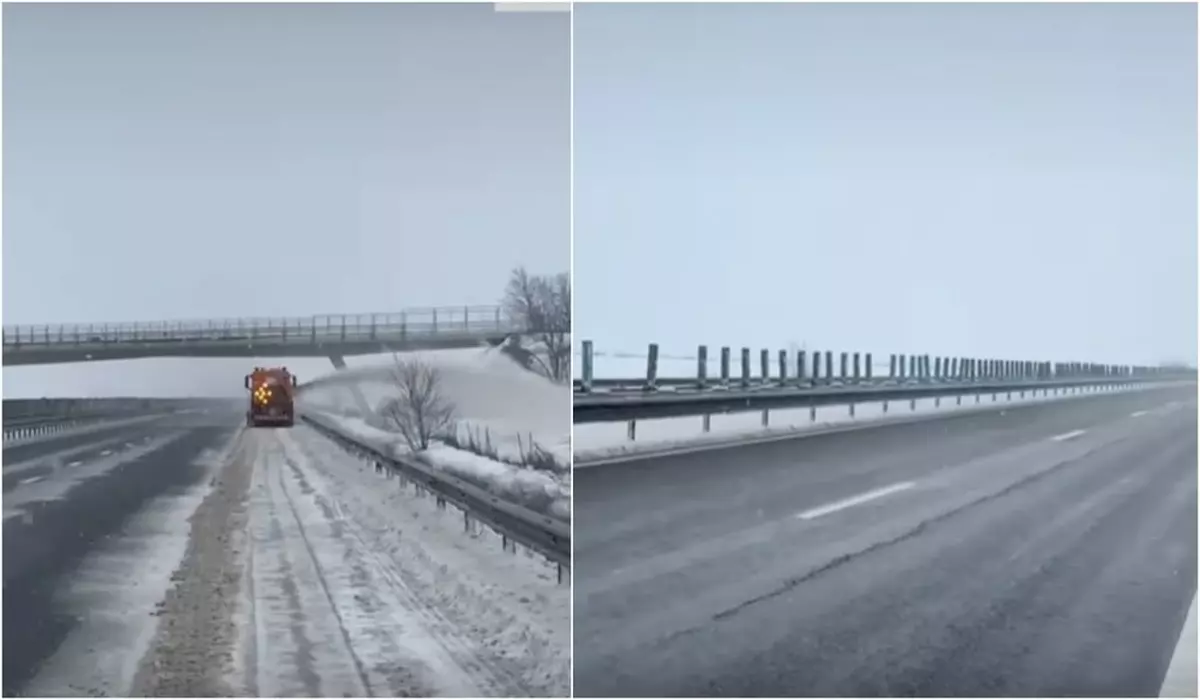 colaj foto fotografii autostrada acoperita de zapada in prima imagine o autospeciala care dezapezeste drumul