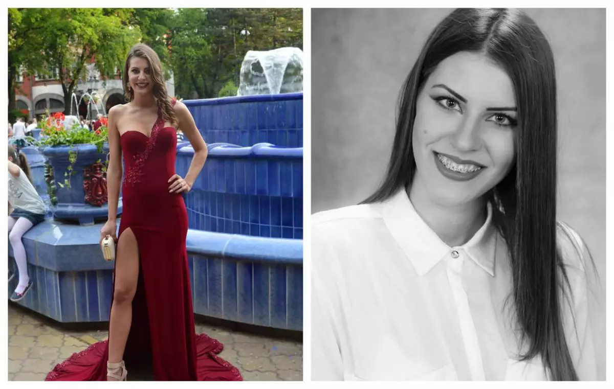 Colaj fotografii Amadea Sic, fată care a trecut prin două transplanturi de plămâni și a supraviețuit. În stânga, poartă o rochie roșie lungă, în dreapta este o imagine alb-negru dintr-un album.
