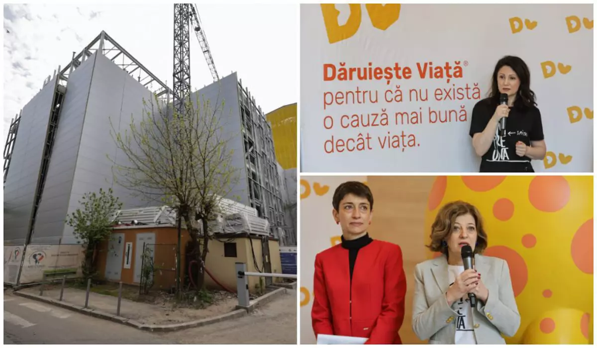 În imaginea din dreapta sus este Carmen Uscatu, în tricou negru, în timp ce vorbește la microfon. În imaginea din dreapta jos este Oana Gheorghiu, în sacou bej și tricou alb, în timp ce vorbește la microfon. În imaginea din stânga este ilustrat noul spital construit de Dăruiește Viață la Marie Curie.