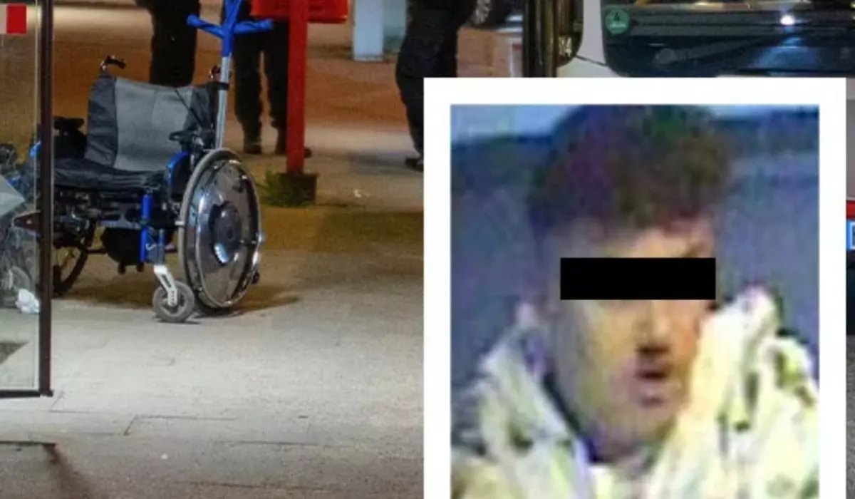 Colaj fotografii, în prim plan, dreapta jos, o fotografie o fotografie a unui bărbat cu hanorac deschis la culoare si cu bandă neagră pe ochi, in fundar p imagine de noapte cu un scaun cu rotile gol si piciaore de oameni