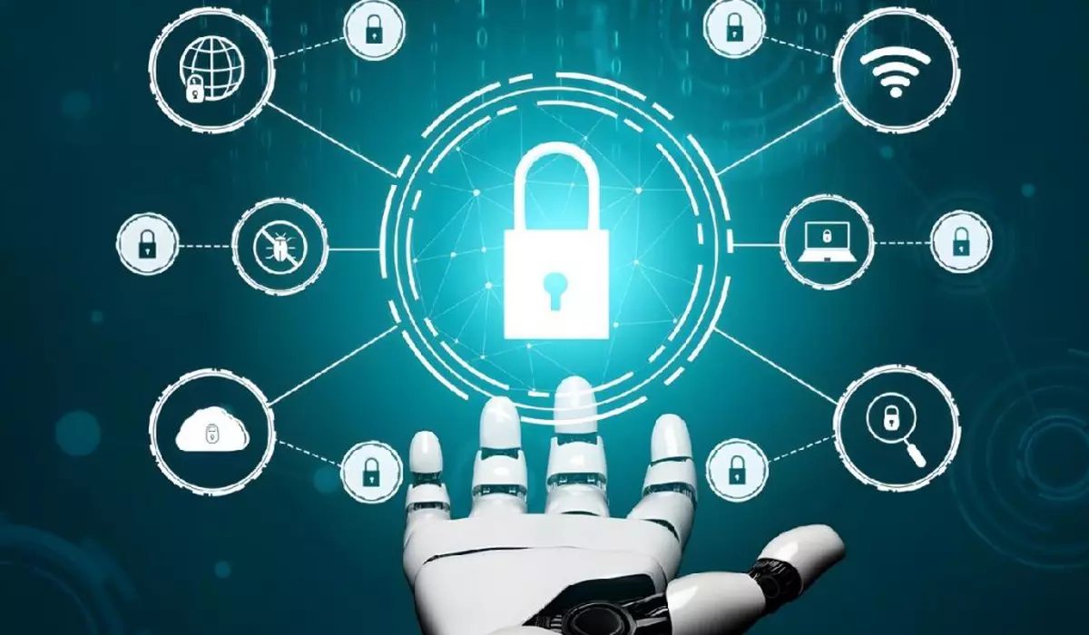 O mână de robot ține în palmă mai multe pictograme:lacat, swmnul pentru wi-fi, laptop, etc. Inteligența artificială (AI) Descoperiți puterea inteligenței tehnologice cu clipuri video 3D HD despre AI, roboți, internet și Big Data