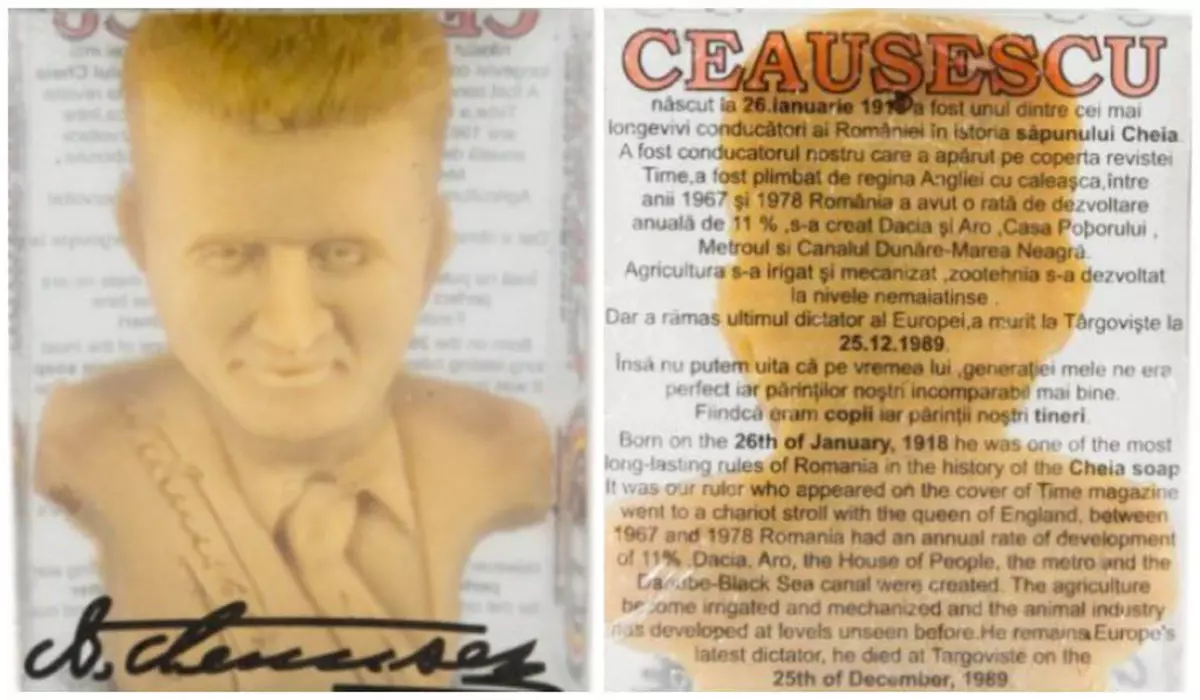 În imagine este ilustrat un săpun galben cu chipul lui Nicolae Ceaușescu
