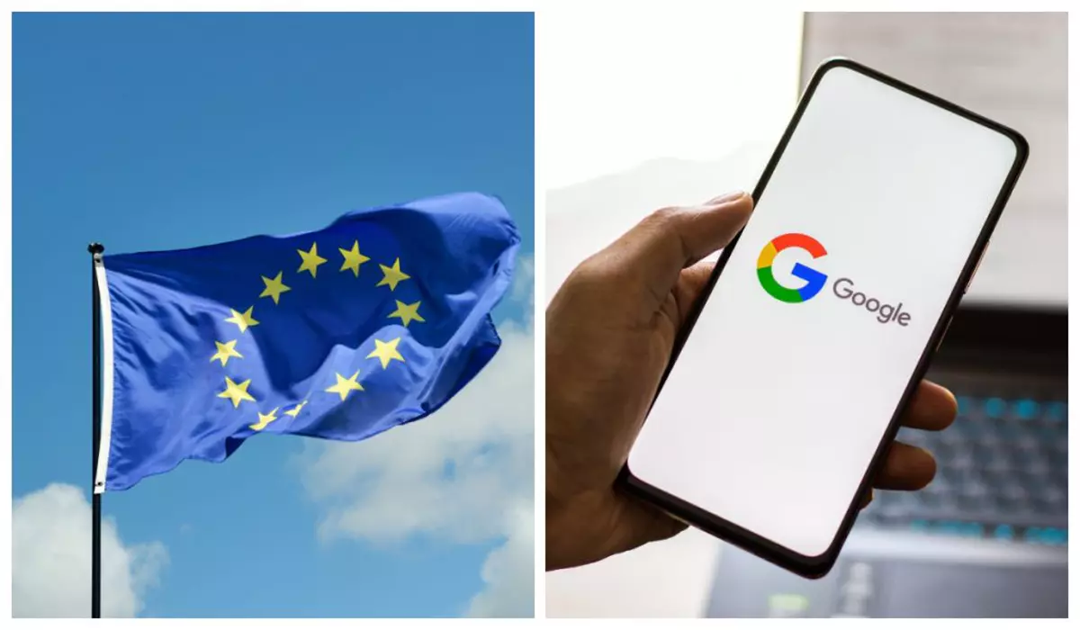 În partea stângă, este prezentat un steag al Uniunii Europene. În partea dreaptă, o persoană ține un smartphone care afișează logo-ul Google pe ecran. În fundal se observă un laptop.