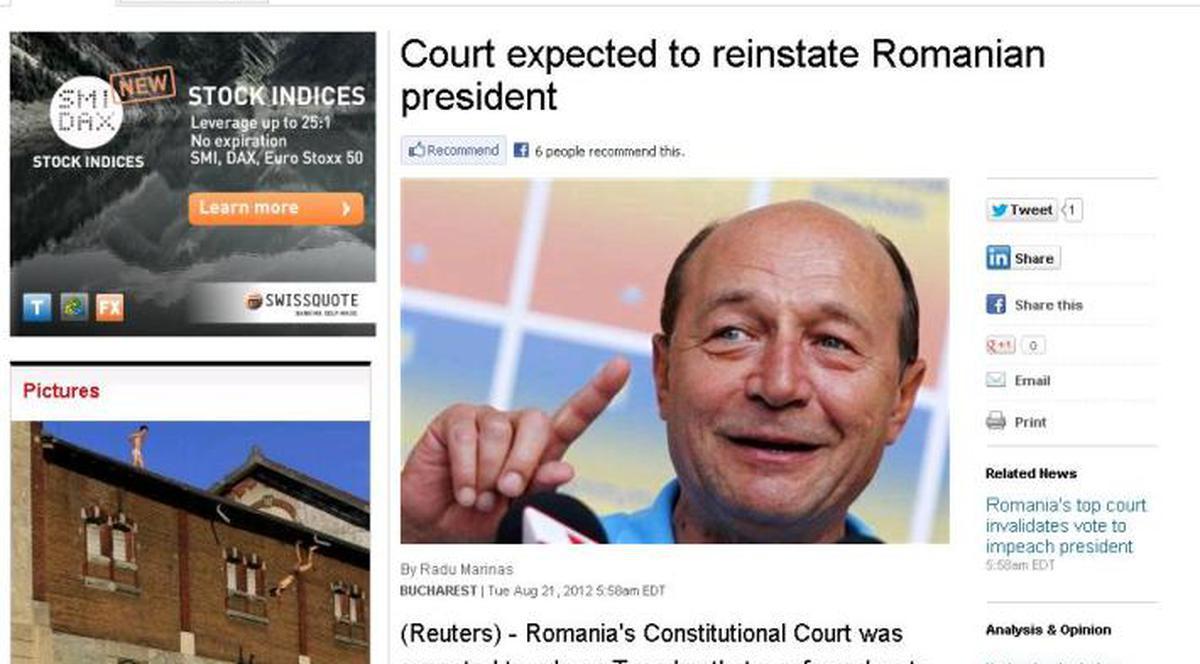 REFERENDUM INVALID, BĂSESCU SE ÎNTOARCE | Ce scrie presa internaţională despre decizia CCR