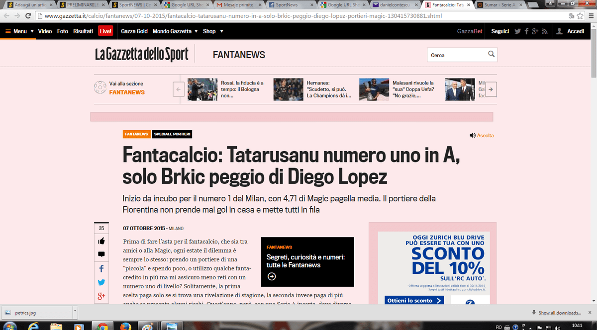 SUPERPERFORMANȚĂ! Publicația italiană ”La Gazzetta dello Sport” îl consideră pe românul Ciprian Tătărușanu cel mai bun portar din Serie A în primele 7 etape! ^Românul n-a primit niciun gol în partidele de pe teren propriu, în actuala stagiune, și a propulsat-o pe Fiorentina pe primul loc