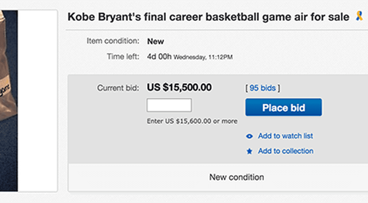 Ce se mai vinde pe internet? O pungă cu aer de la meciul de retragere al lui Kobe Bryant!