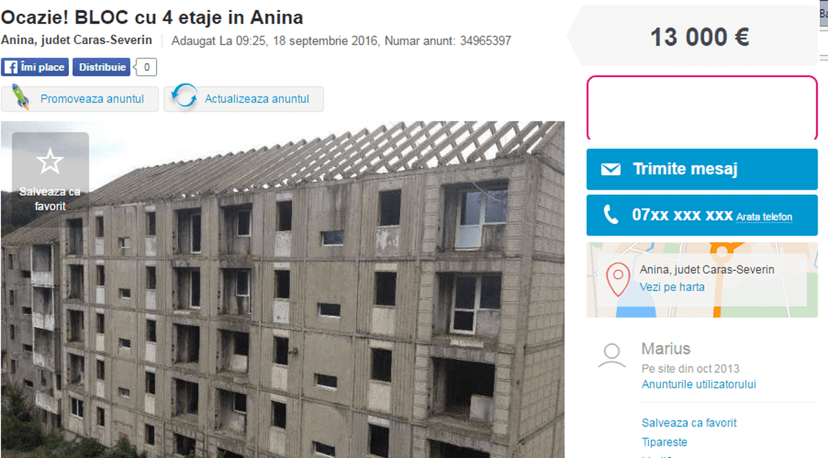 Un bloc întreg se vinde cu 13000 de euro în Anina