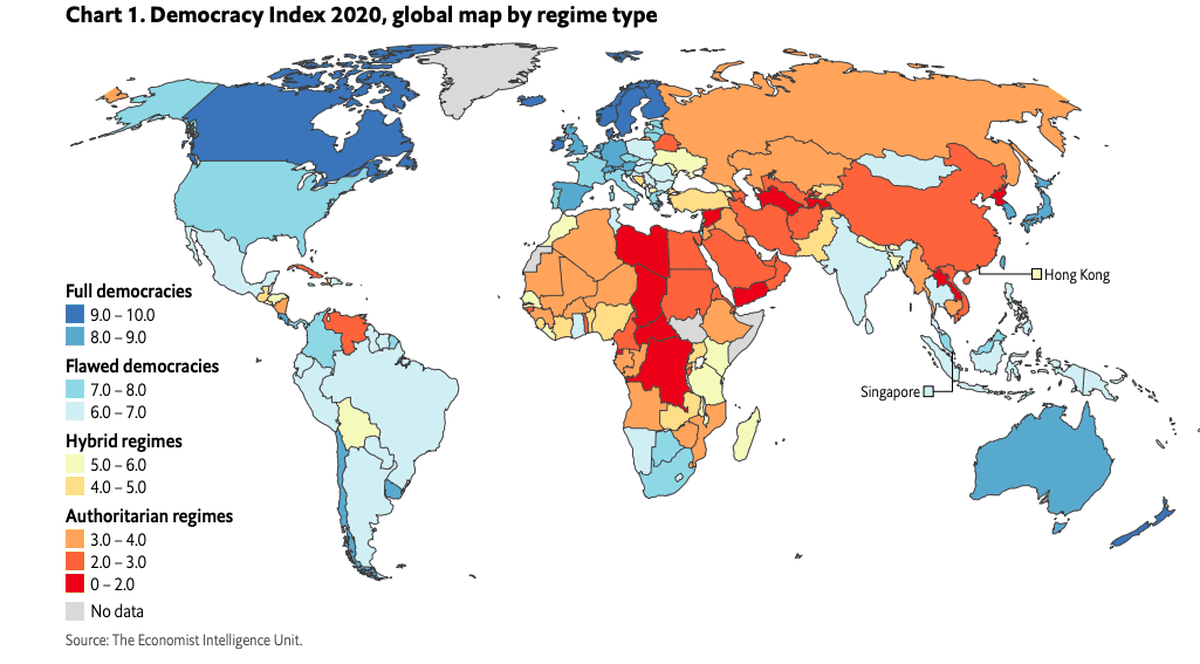 Indicele Democrației în 2020: România, pe locul 62, cu cel mai mic scor la „cultură politică”. Botswana și Mongolia, peste noi