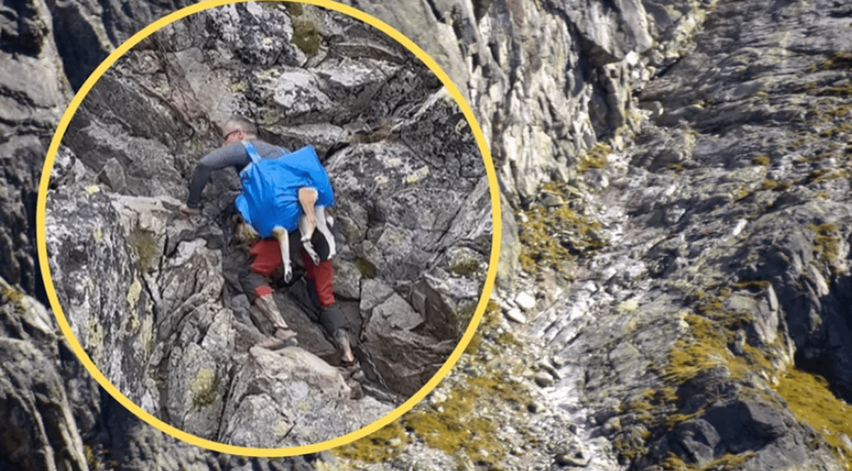 Un turist a fost filmat când escaladează munții Tatra, în Slovacia, cu un câine în spinare, într-o pungă de cumpărături