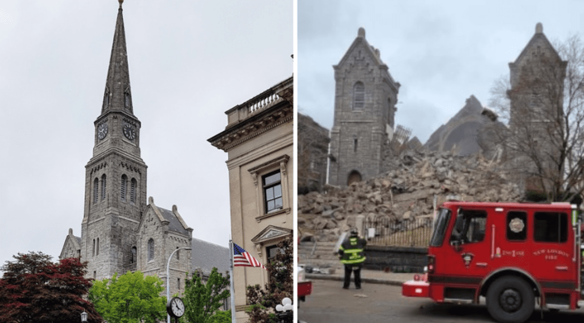 Momentul în care turnul unei biserici construite cu peste 200 de ani în urmă se prăbușește, în centrul unui oraș din SUA