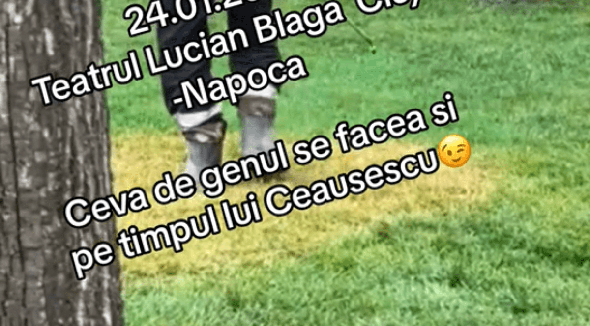 Persoană surprinsă în timp ce pulverizează un lichid de culoare verde intens pe gazon, la Cluj.