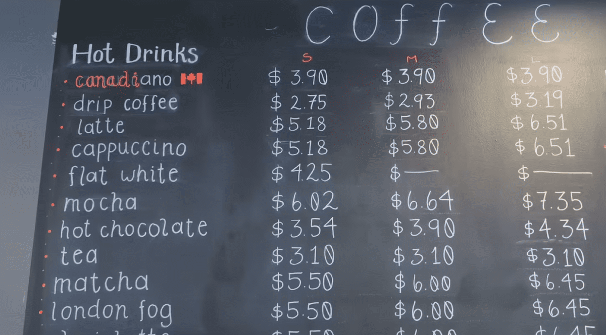 Poză cu meniul cafenelei din Ottawa.