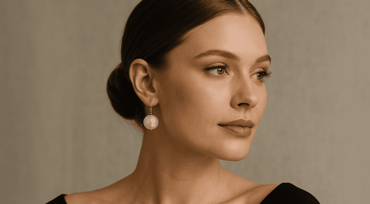 Cercei perle - Portret femeie cu parul saten prins in coc, purtand o pereche de cercei cu perle, uitandu-se intr-o parte.