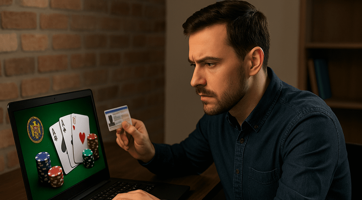 Barbat care sta pe laptop si are buletinul in mana. Pe ecran este un joc de poker
