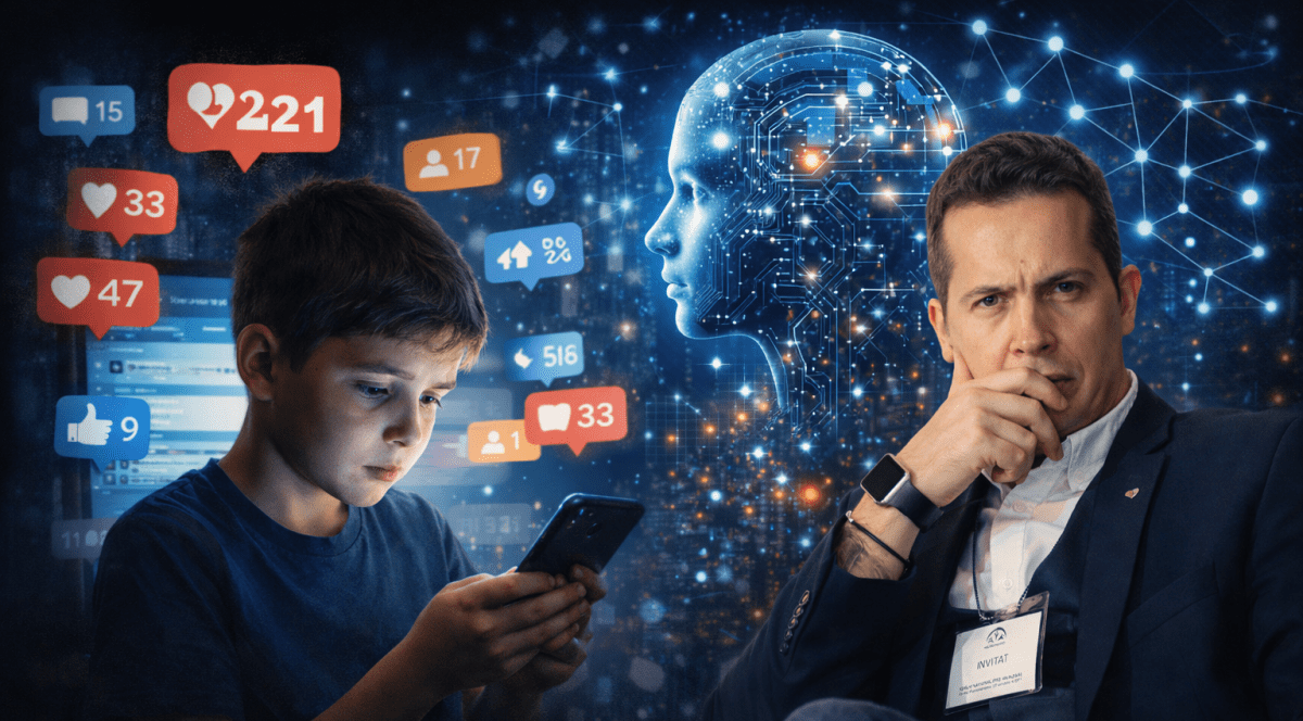 Colaj foto copil care vorbeste pe o retea sociala si medicul psihiatru Gabriel Diaconu sursa Gemini Google