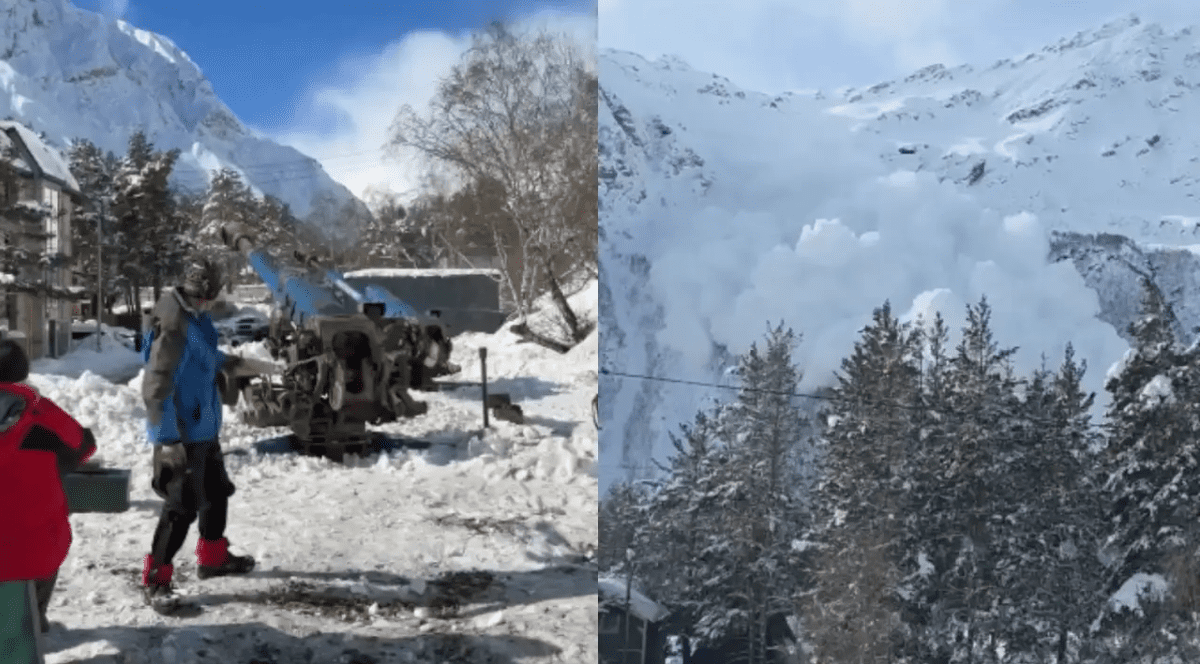 Mai mulți oameni folosesc un tun de zăpadă pentru a provoca o avalanșă în Rusia, februarie 2026