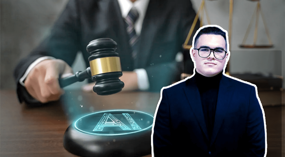 Colaj dintre o poză cu un judecător care dă o sentință cu ajutorul inteligenței articiale.