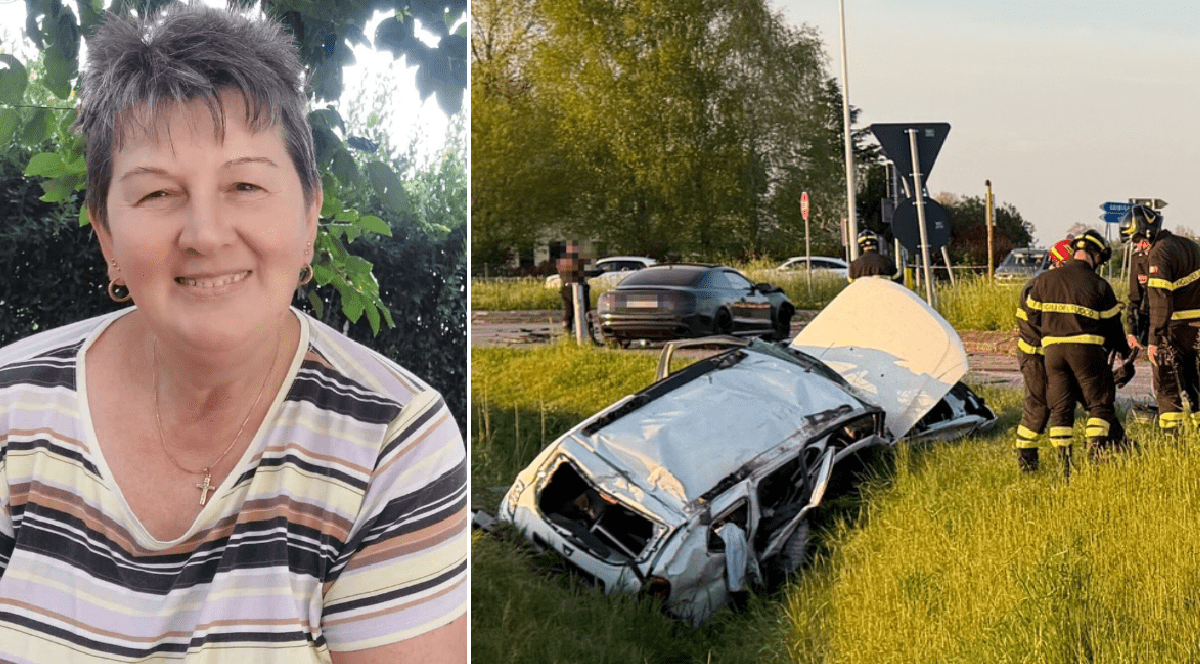 Imaginea prezintă un colaj care alătură portretul unei femei zâmbitoare cu scena unui accident rutier grav petrecut în Italia, unde o mașină albă este puternic avariată în afara carosabilului, fiind înconjurată de echipe de intervenție de la pompieri.