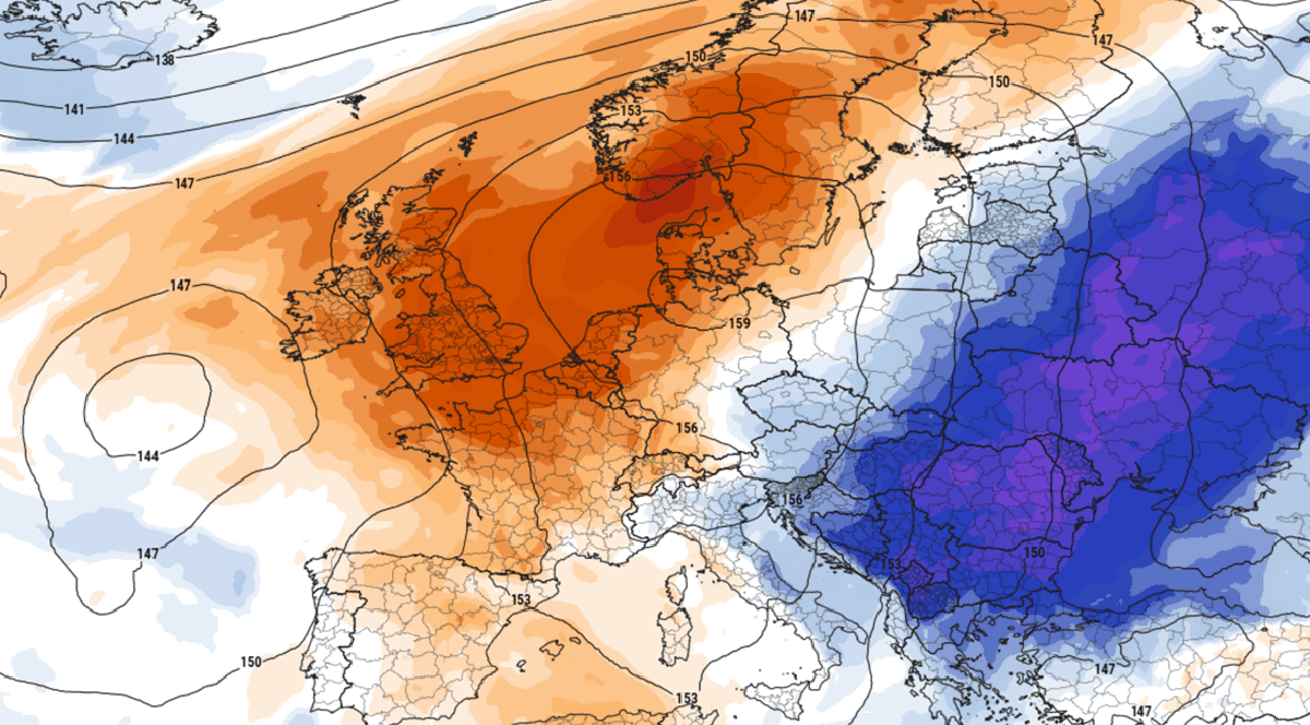 Imaginea prezintă o hartă meteorologică a Europei ce indică un contrast termic major, evidențiat prin nuanțe de portocaliu pentru masele de aer cald din vest și nuanțe intense de albastru și mov pentru un front de aer foarte rece care acoperă partea de est a continentului.