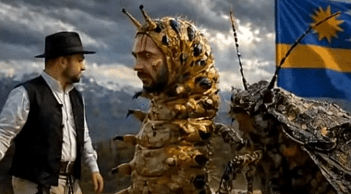 Figura secuiască, Tőkés Hunor ca o omidă și lupta ploșniței în fața steagului secuiesc – Foto captură de ecran videoclip AI realizat de Bodor János