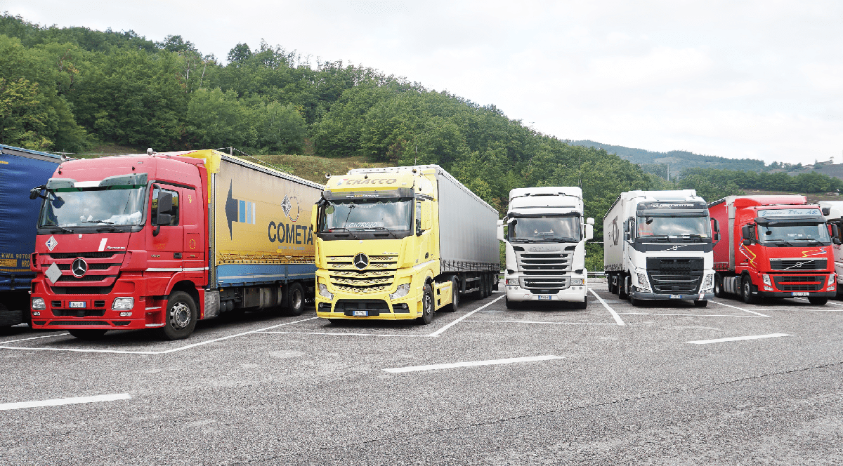 Imaginea prezintă un rând de camioane multicolore de diverse mărci parcate într-o zonă de odihnă special amenajată, având pe fundal un deal împădurit.