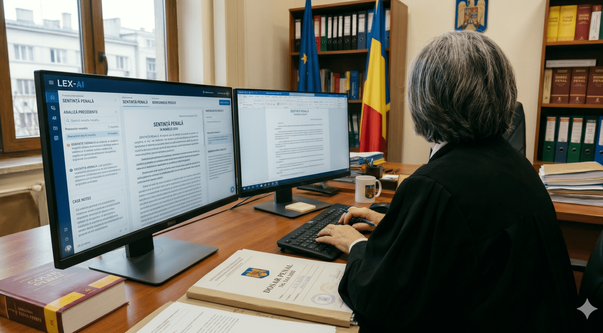 O judecatoare scrie o sentinta pe computer cu ajutorul AI