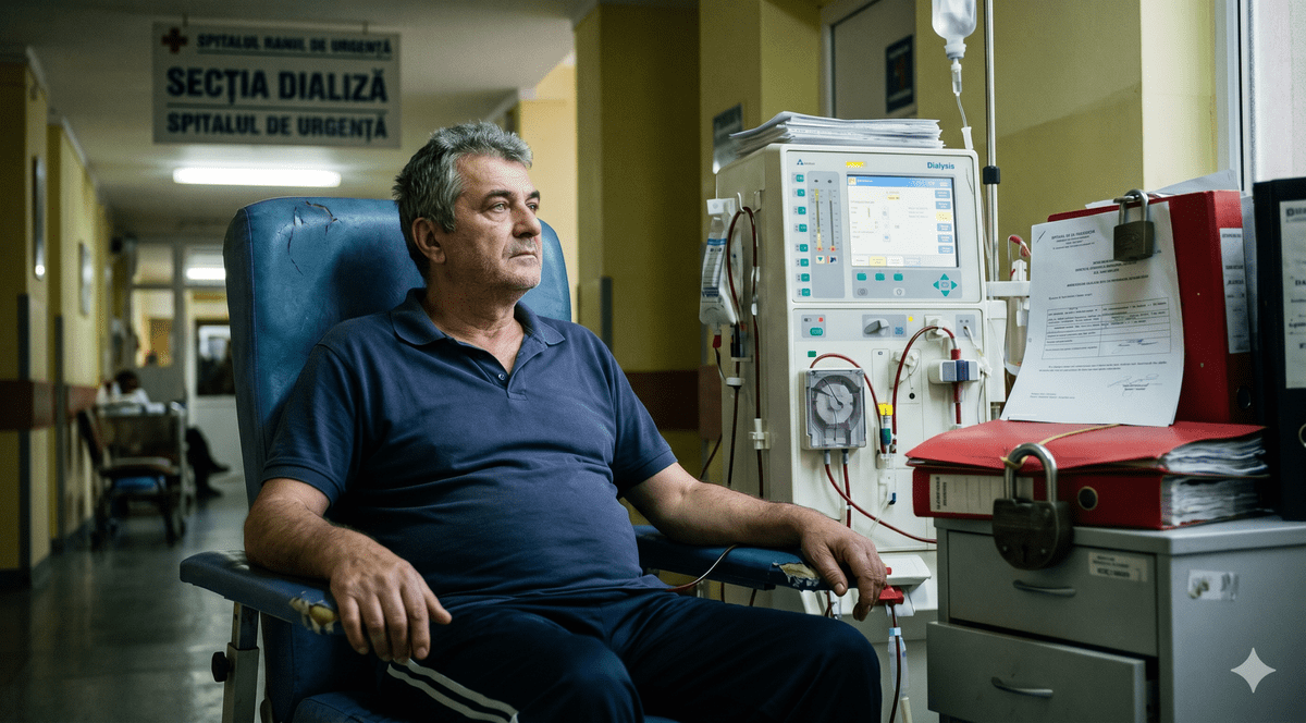 Un pacient cu dializa pe un scaun la spital.