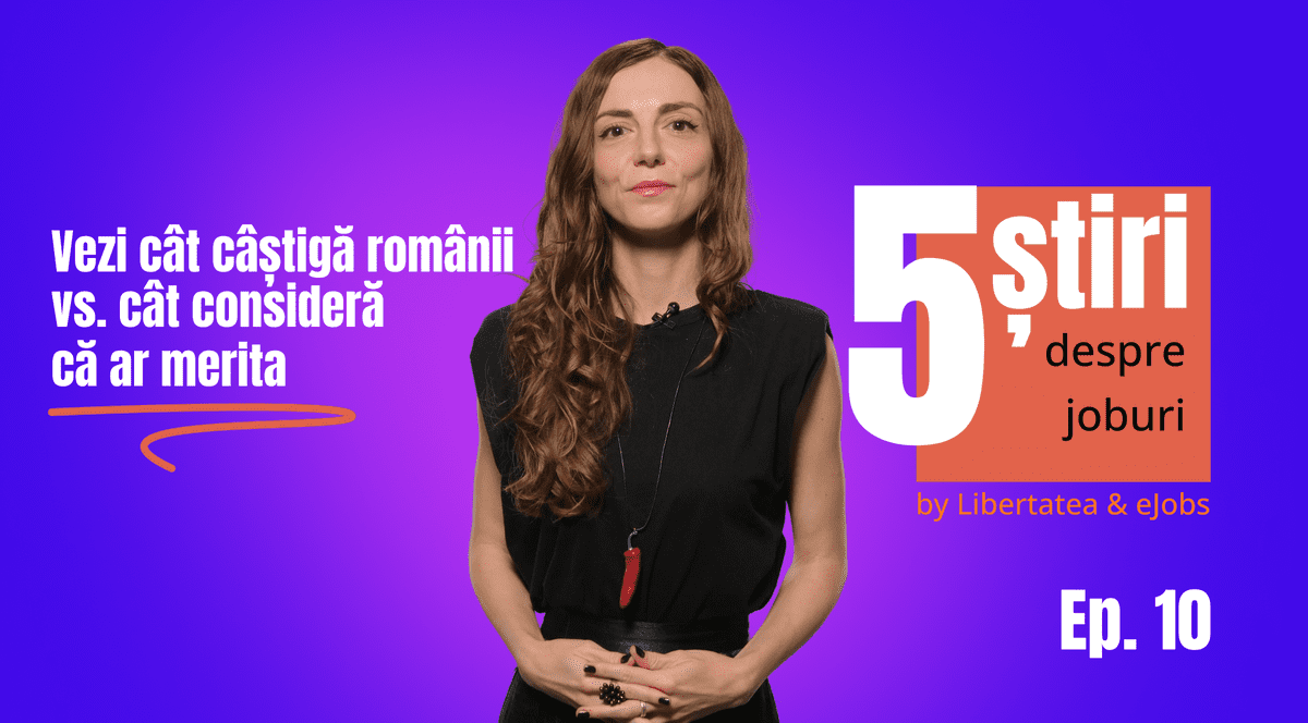 Raluca Dumitra, gazda rubricii 5 știri eJobs, într-o bluză neagră, pe un fundal mov.