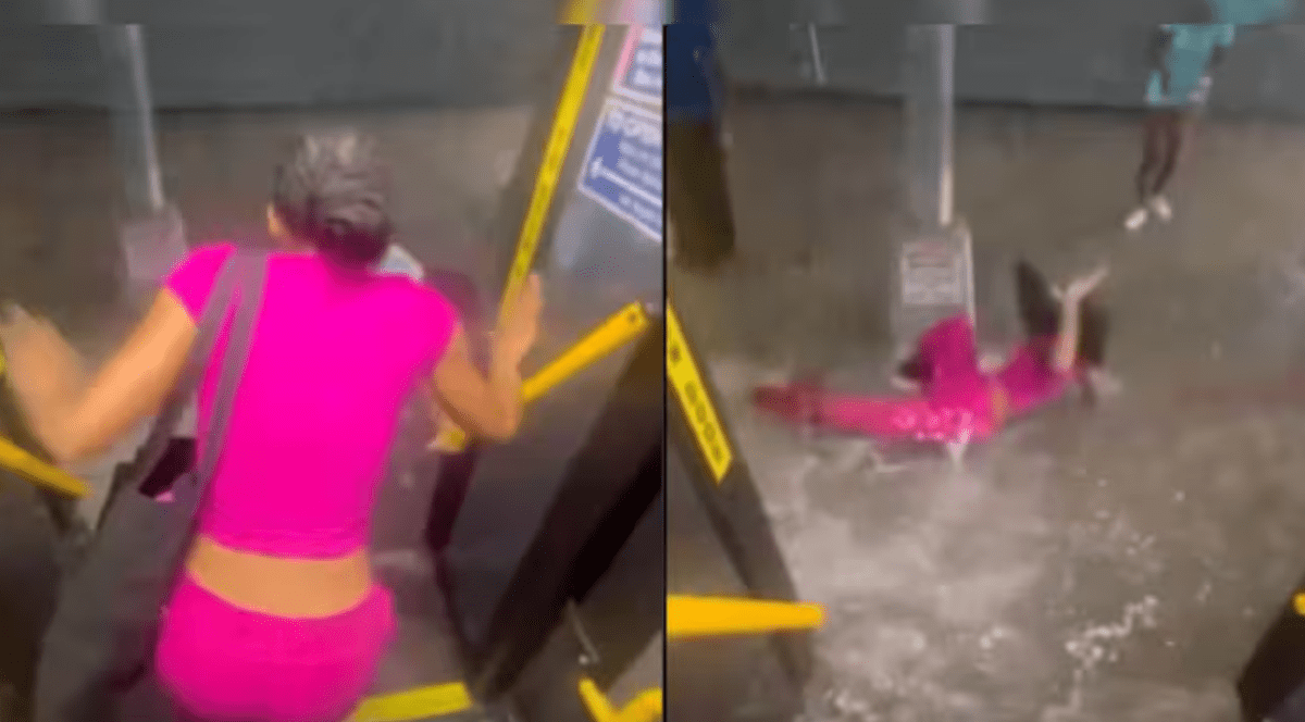 Colaj foto cu o femeie îmbrăcată în roz care este luată de viitură când coboară din autobuz, în New York, SUA, 22 mai 2026