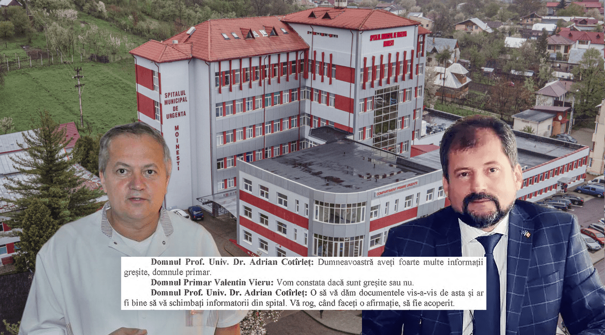 Un colaj cu spitalul din Moinesti in fundal si doi barbati in prim plan, unul in camasa alba si celalalt in costum negru
