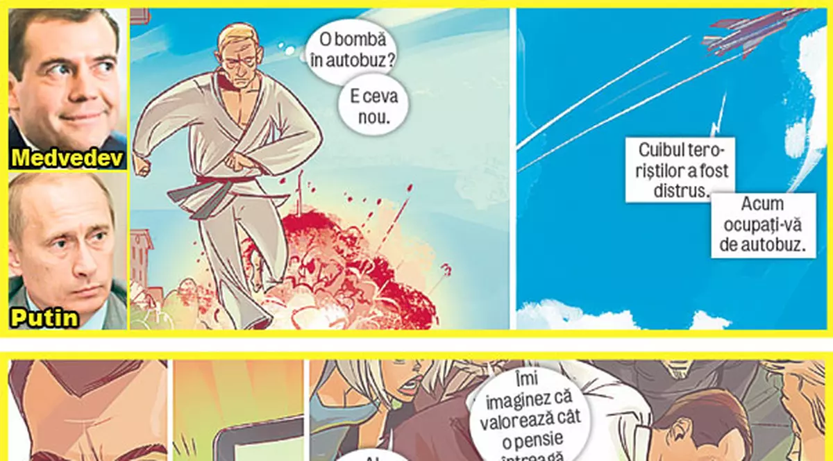 Putin şi Medvedev, supereroi în benzi desenate