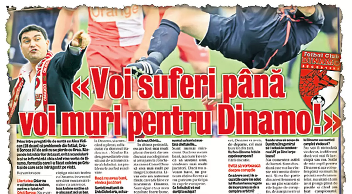 Cristi Borcea admite că Dinamo are şanse mici fără Torje şi Alexe