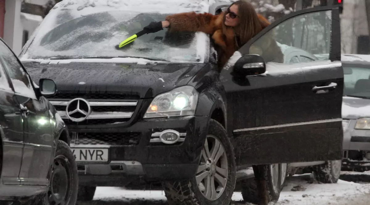 Îmbrăcată cu o elegantă haină de blană, Romaniţa Iovan şi-a luat parbrizul la perie