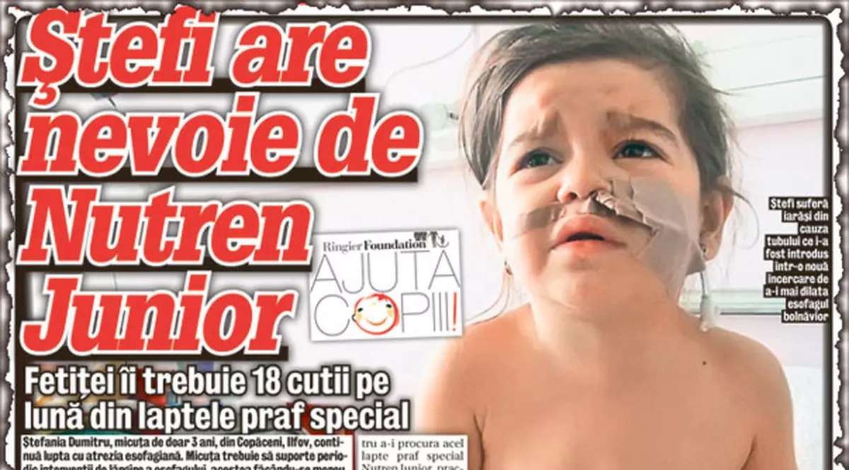Ştefi continuă lupta cu atrezia de esofag! Micuţa are mare nevoie de lapte praf Nutren Junior