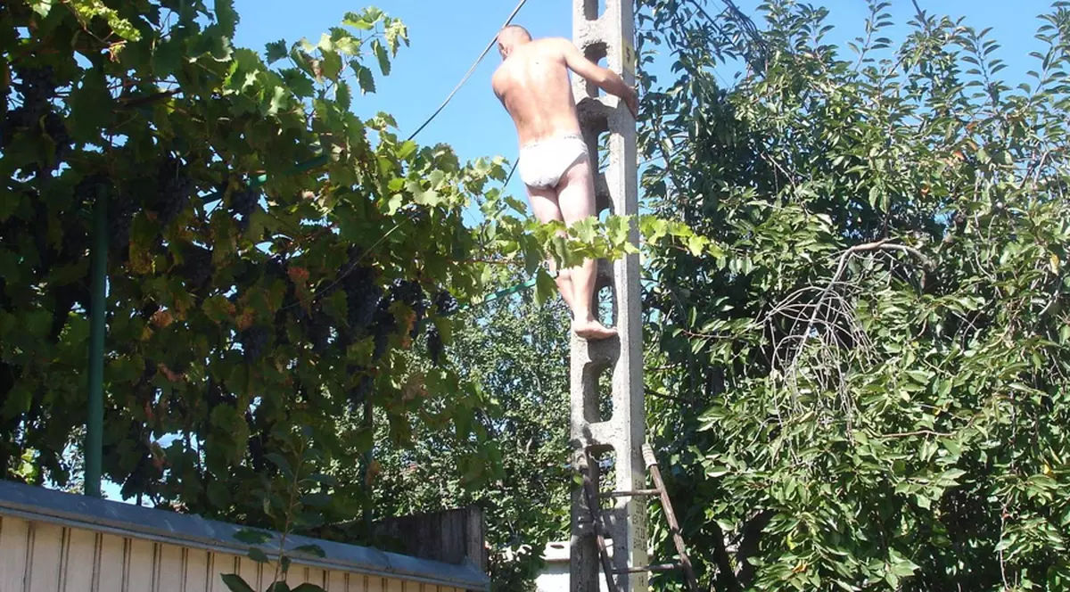 S-a urcat pe stâlp şi a făcut scandal, îmbrăcat doar în chiloţi