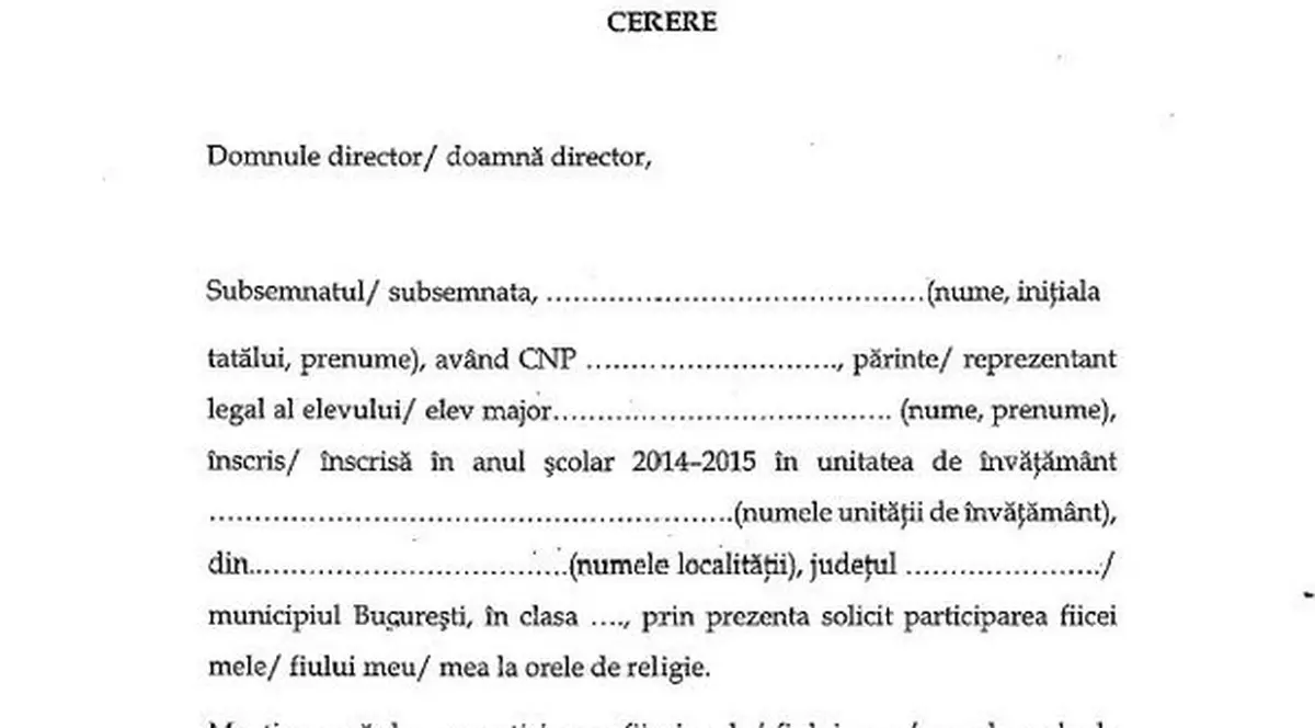 Iată cum arată cererea de înscriere pentru ora de religie în şcoli