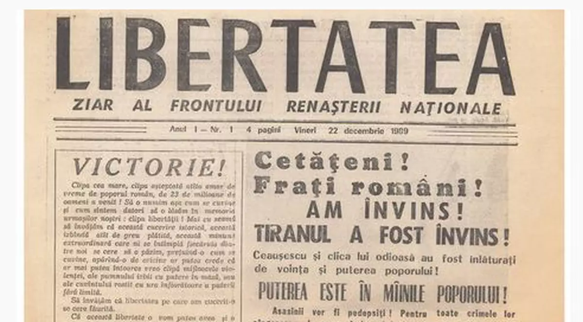 Libertatea, primul ziar liber al României, a apărut pe 22 decembrie '89! Vezi cum arăta prima pagină a publicației!