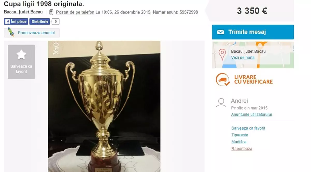 FCM Bacău, club desființat în 2012, își vinde Cupa Ligii, ^singurul tofeu din istorie, pe un site de anunțuri / VIDEO