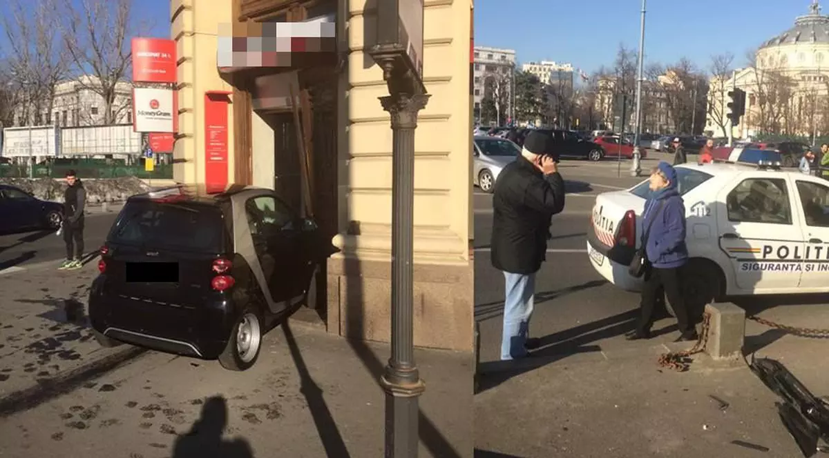 Accident inedit în Capitală. O șoferiță „s-a înfipt” cu mașina în ușa unei bănci