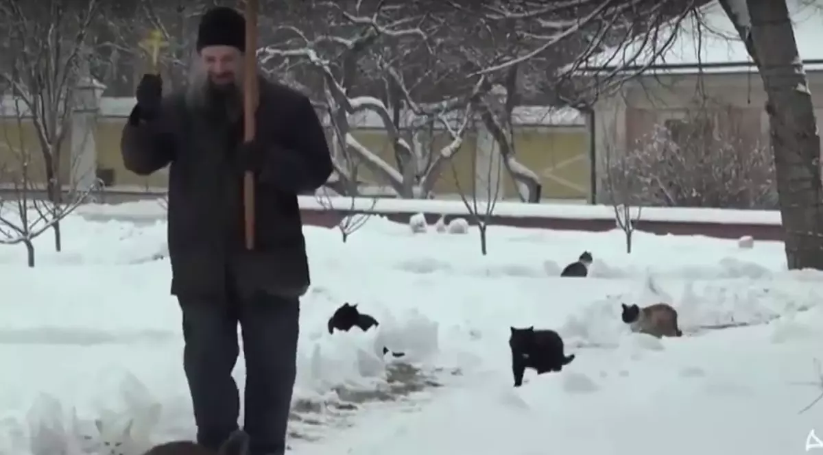 Așa ceva se poate doar în Rusia! Un bărbat "binecuvântează" pisicile de la o mânăstire /  VIDEO