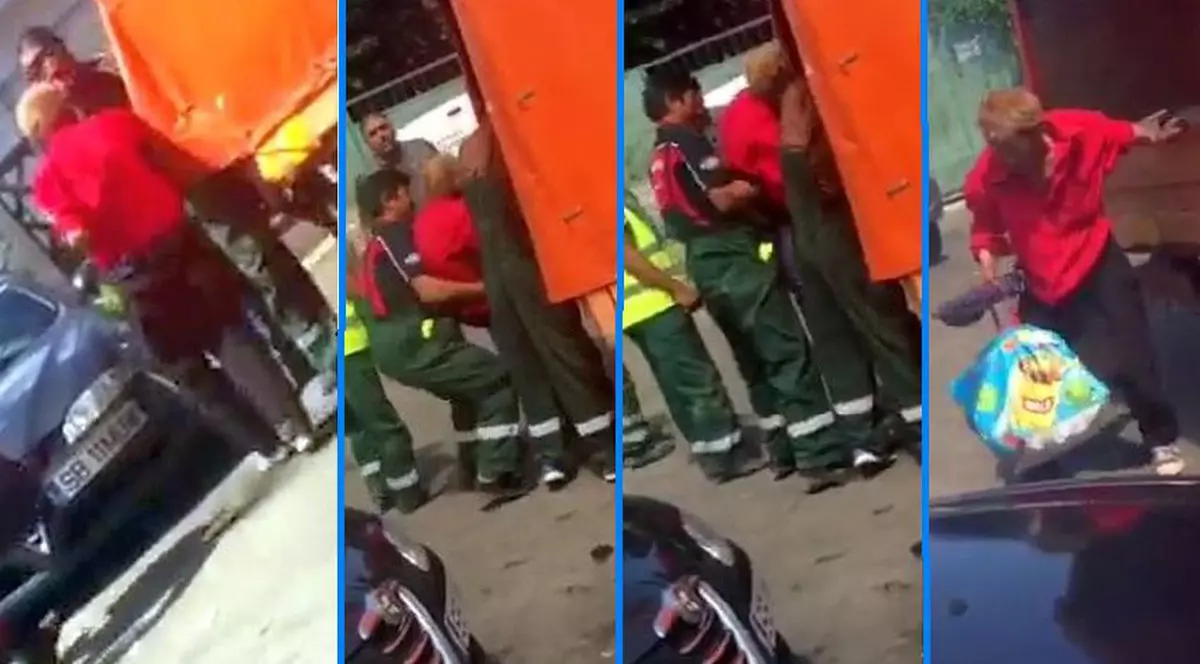 Un om al străzii, bruscat și umilit de niște angajați de la salubritate! L-au aruncat în mașina de gunoi