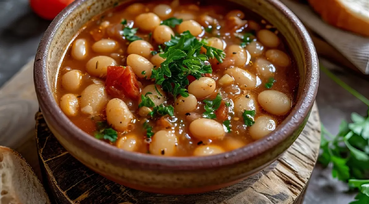 Ciorba de fasole intr-un bol rustic, asezat pe o bucata de lemn