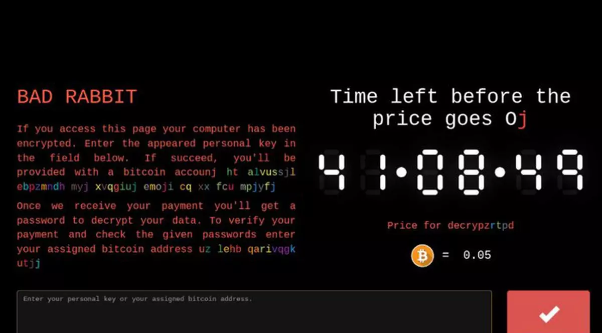 Virusul informatic BadRabbit atacă și Bulgaria, după ce a afectat în principal și Rusia și Ucraina. Acesta se răspândește prin site-urile presei ruse. Captură de ecran cu ransomware BadRabbit pe fundal negru