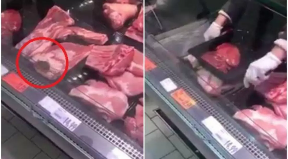 Șoarece filmat în vitrina cu carne a unui magazin Kaufland