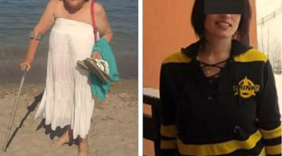 O bătrână de 68 de ani a terorizat o profesoară din Bârlad. Bătrâna (stânga) și profesoara, cu o bandă neagră peste ochi)